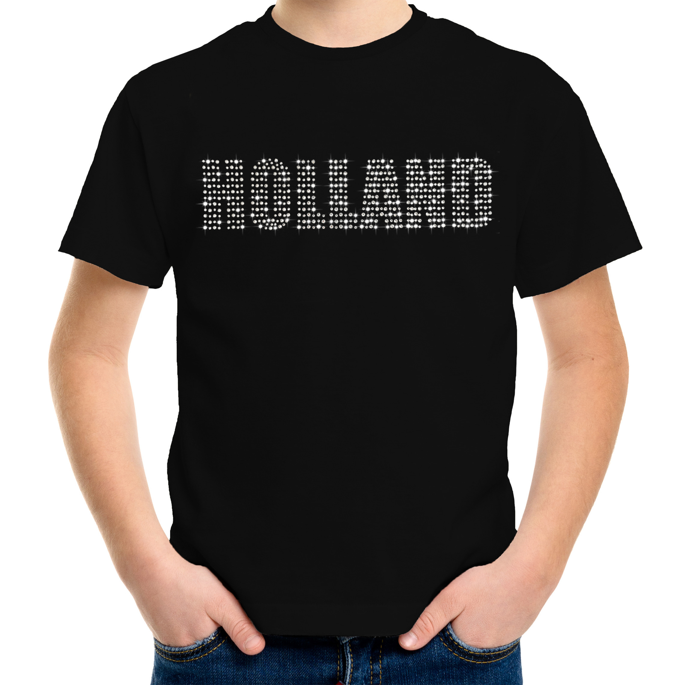 Glitter Holland t-shirt zwart rhinestone steentjes voor kinderen Nederland supporter EK/ WK