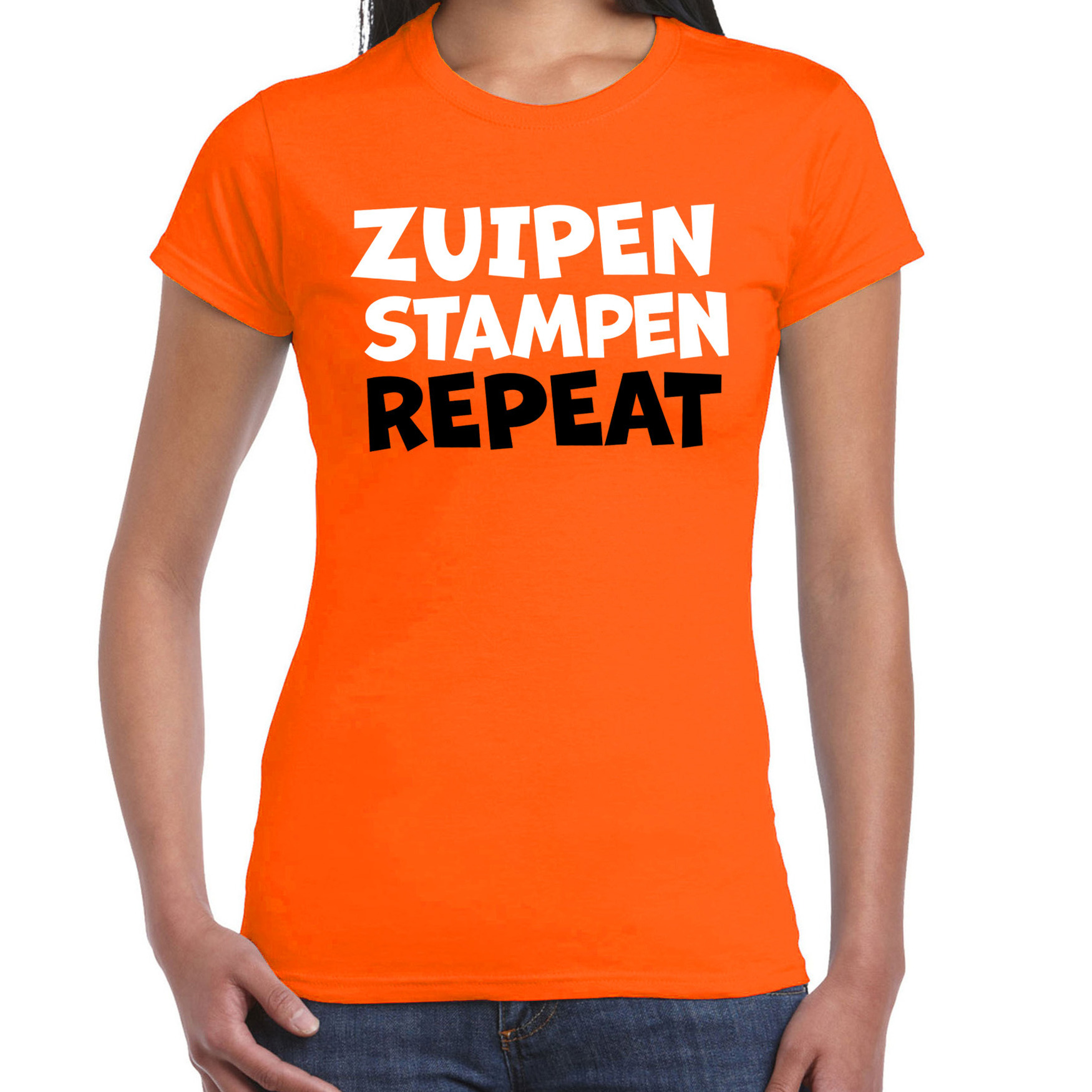 Koningsdag verkleed t-shirt - zuipen stampen repeat - oranje - dames