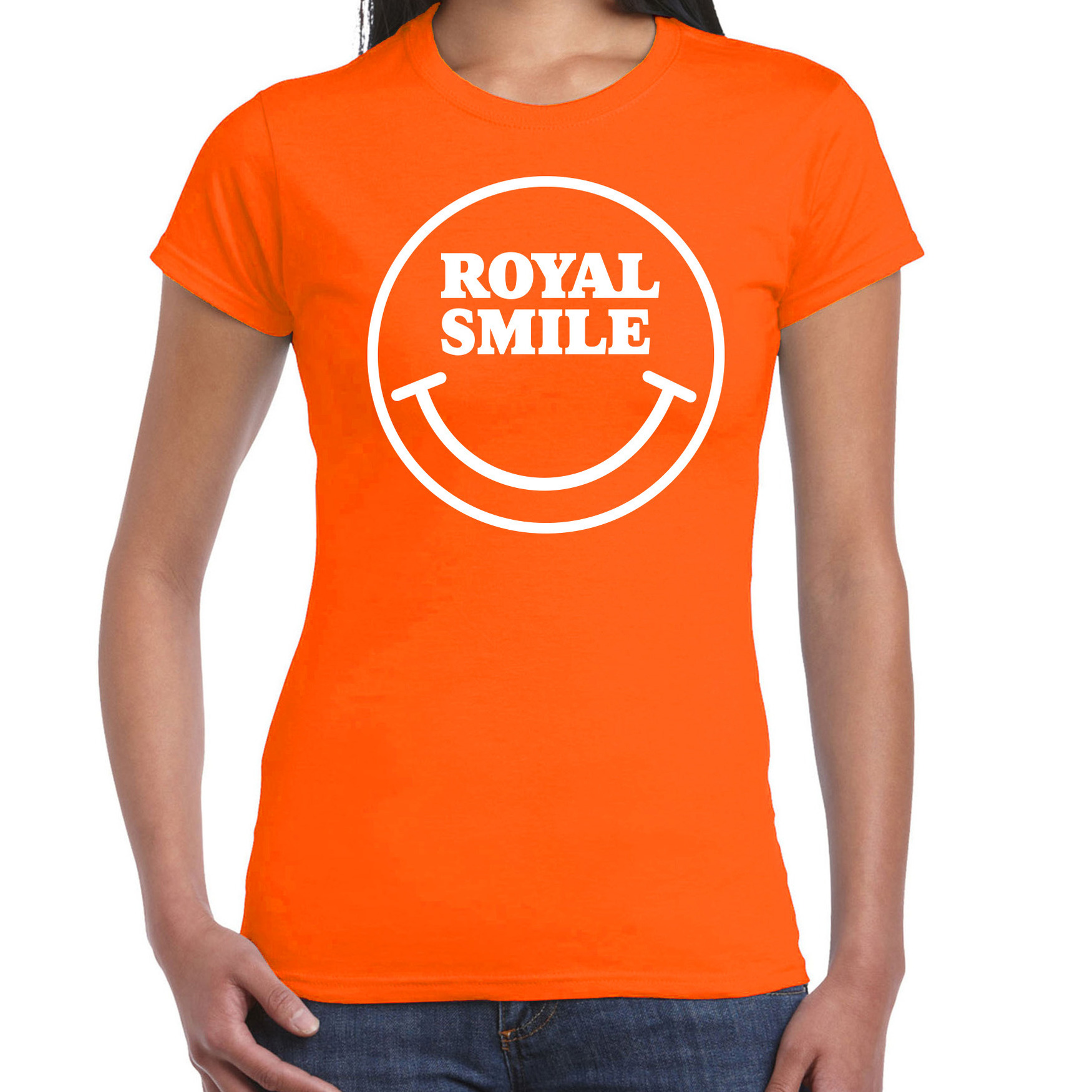 Koningsdag verkleed t-shirt smiley - royal smile - oranje - dames