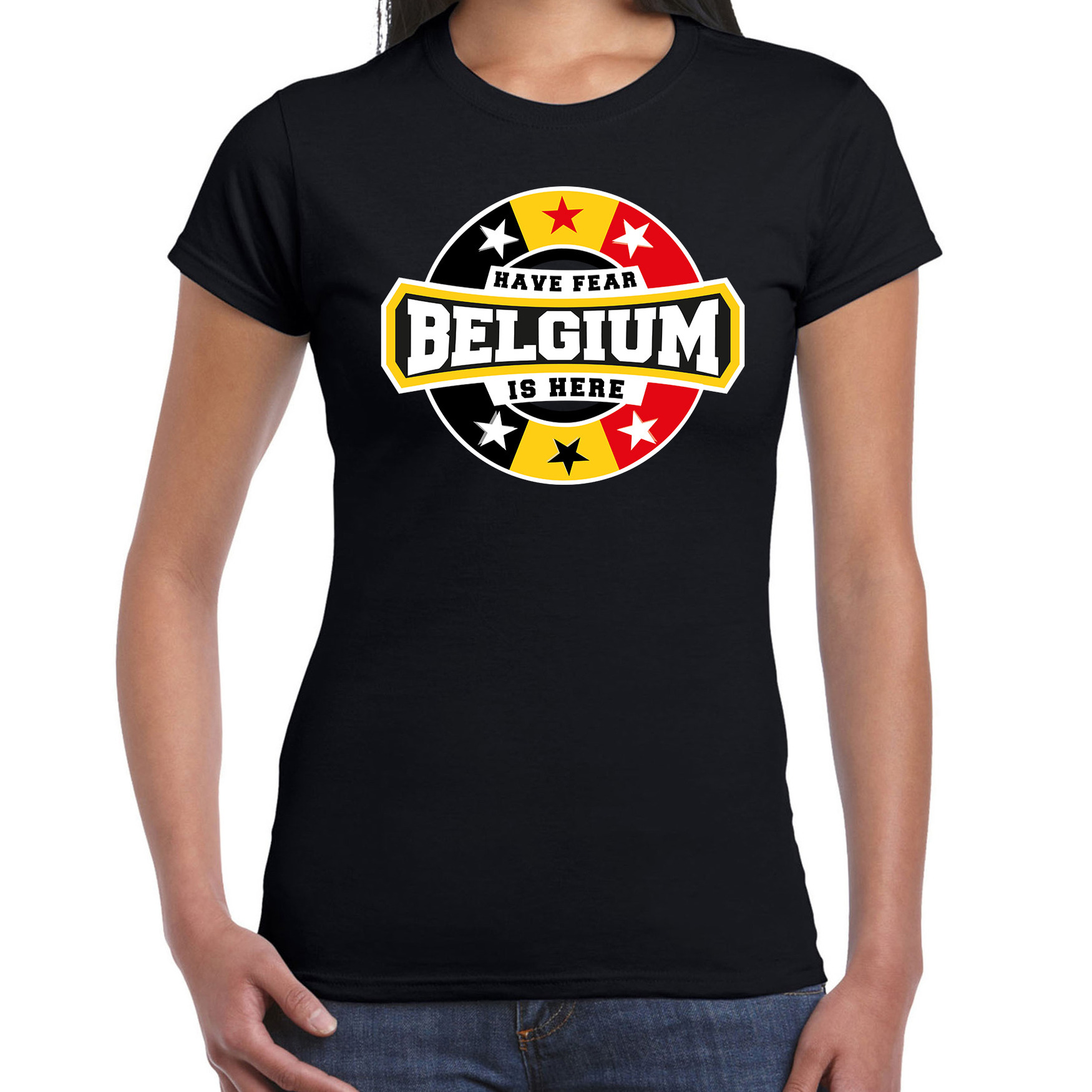 Have fear Belgium is here / Belgie supporter t-shirt zwart voor dames