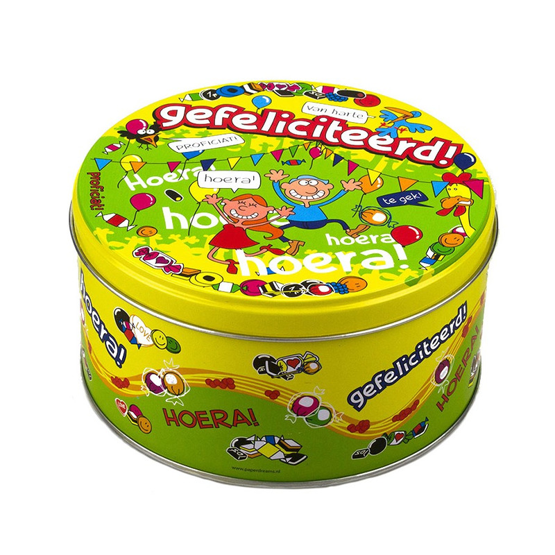 Gefeliciteerd snoeptrommel/bewaarblik kado - 14 x 7