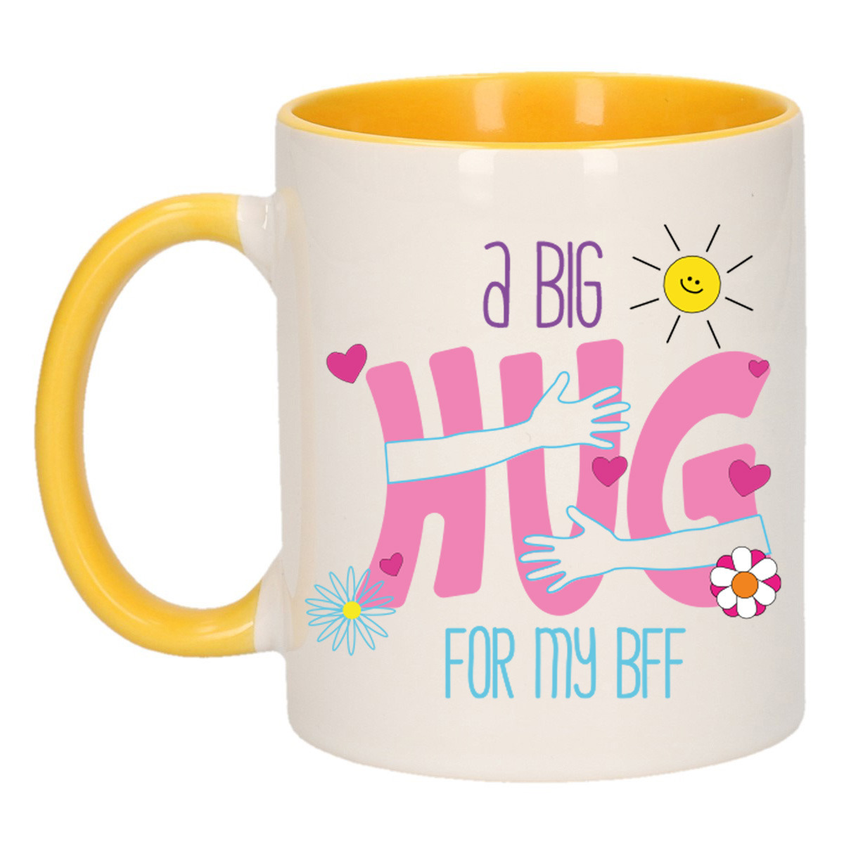 Cadeau koffie/thee mok voor BFF - geel - big hug - keramiek - 300 ml - verjaardag