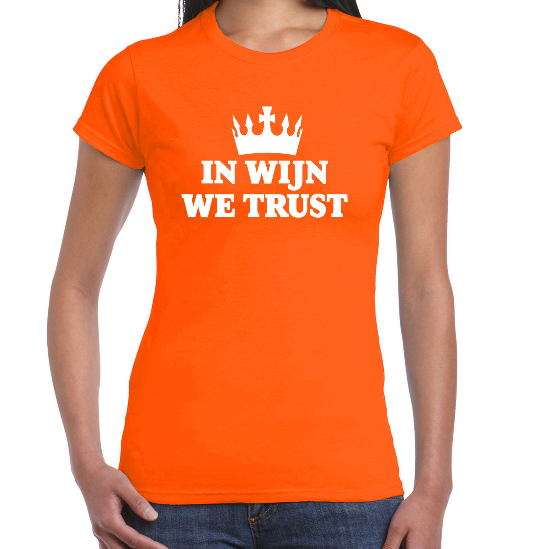Koningsdag verkleed t-shirt dames - in wijn we trust! - oranje