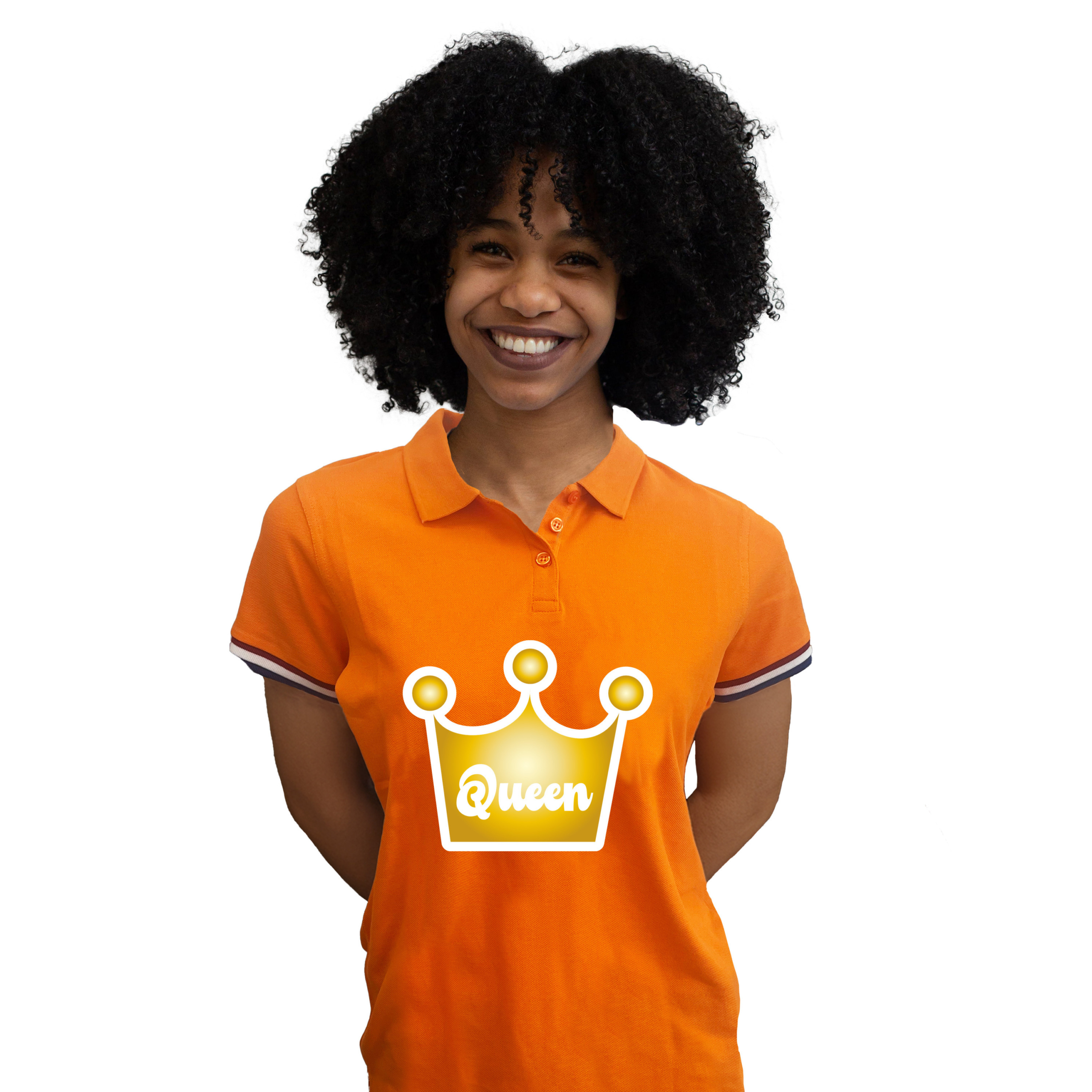 Koningsdag verkleed polo kroon - Queen - oranje - dames