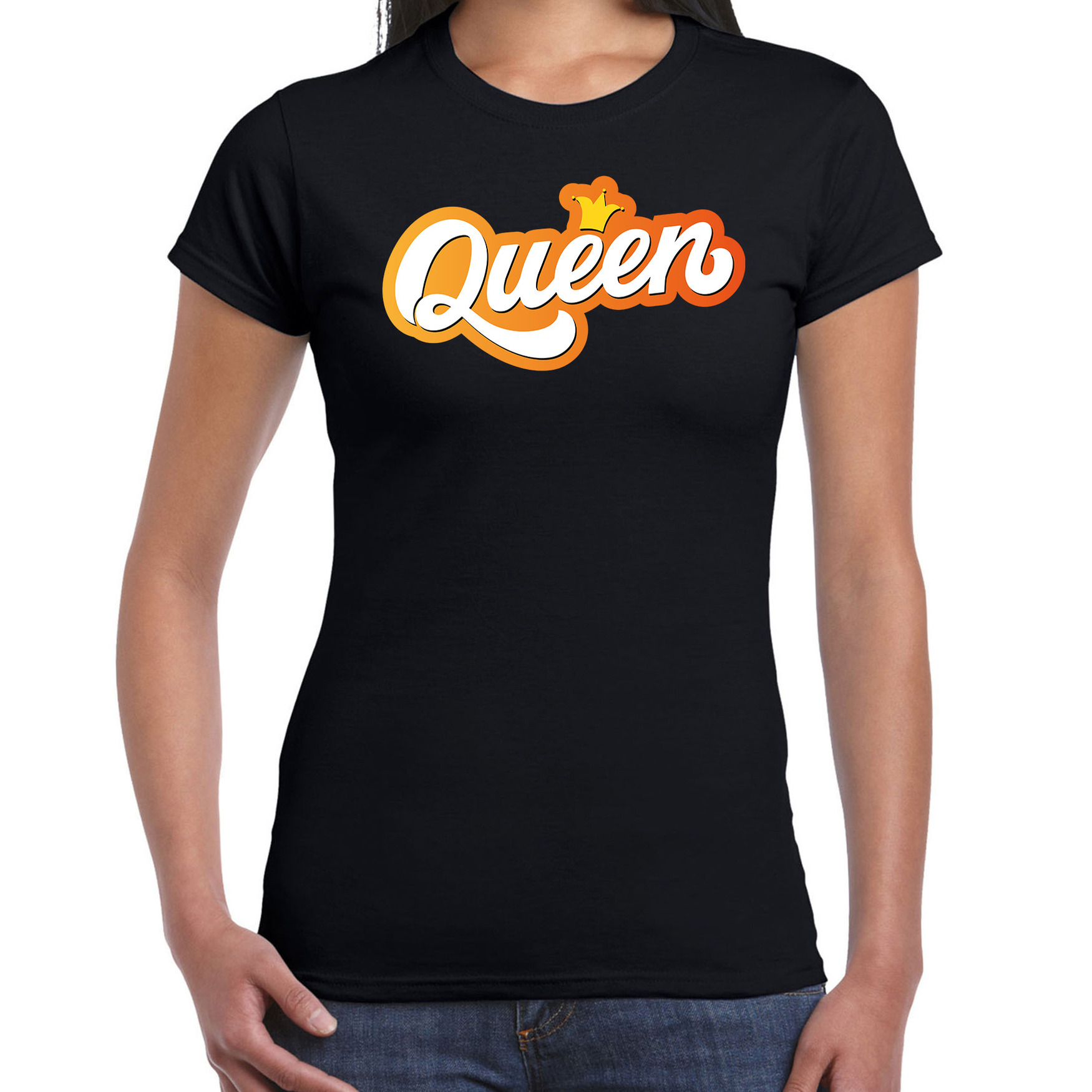 Queen koningsdag t-shirt zwart voor dames