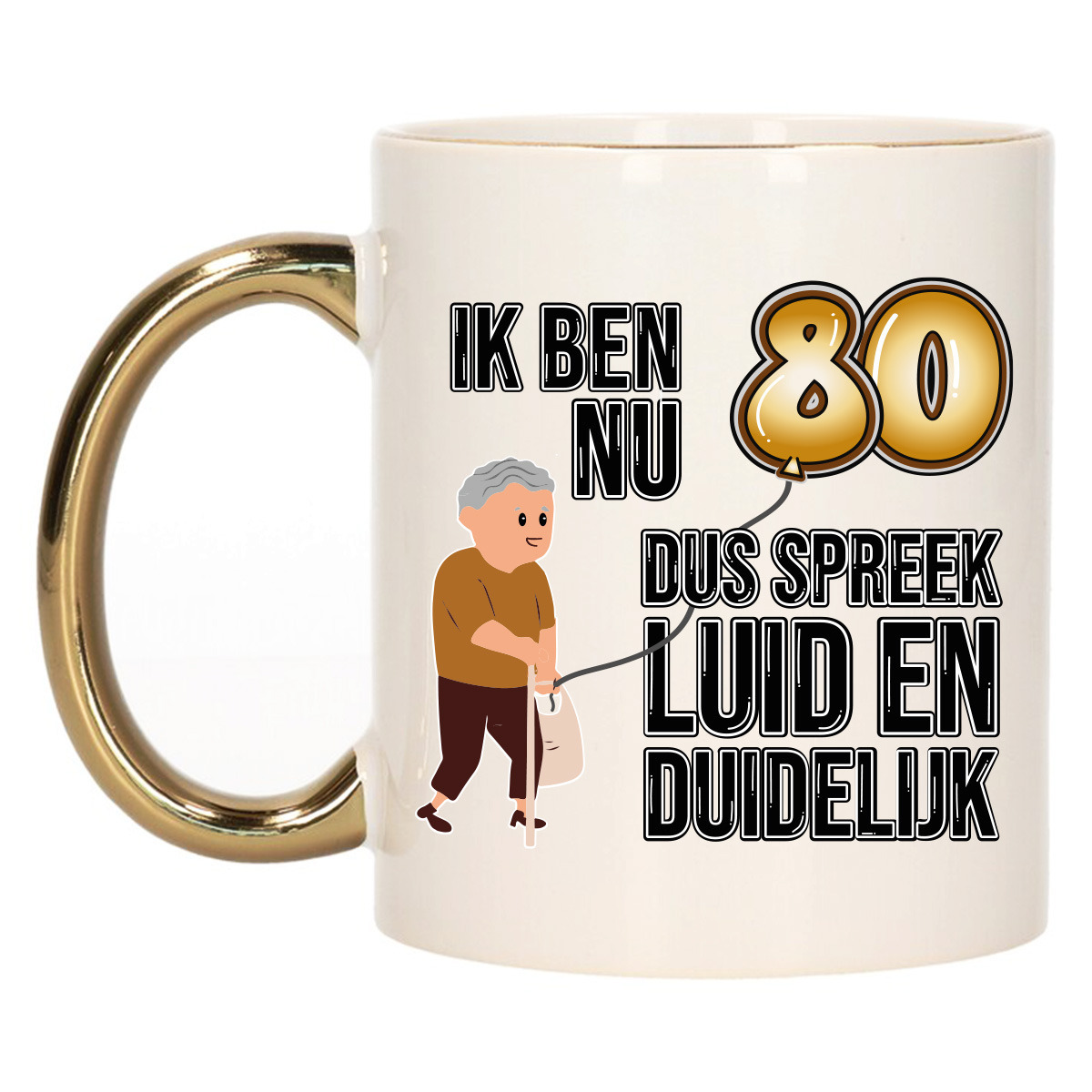 Verjaardag cadeau mok 80 jaar - luid en duidelijk - goud - 300 ml - Keramiek