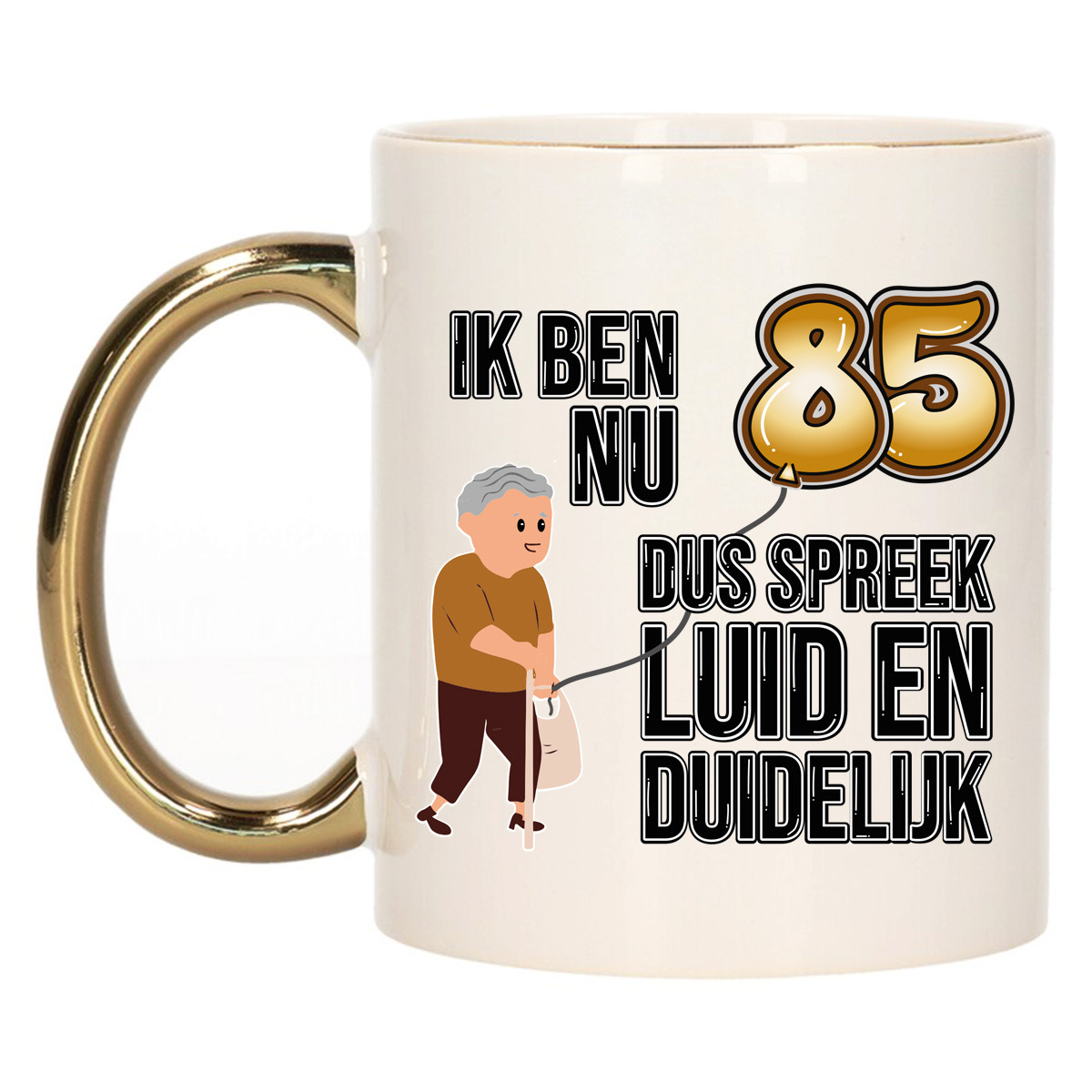 Verjaardag cadeau mok 85 jaar - luid en duidelijk - goud - 300 ml - Keramiek