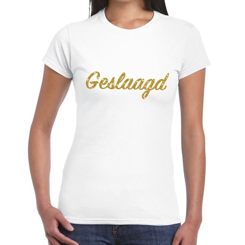 Geslaagd goud glitter tekst t-shirt wit dames