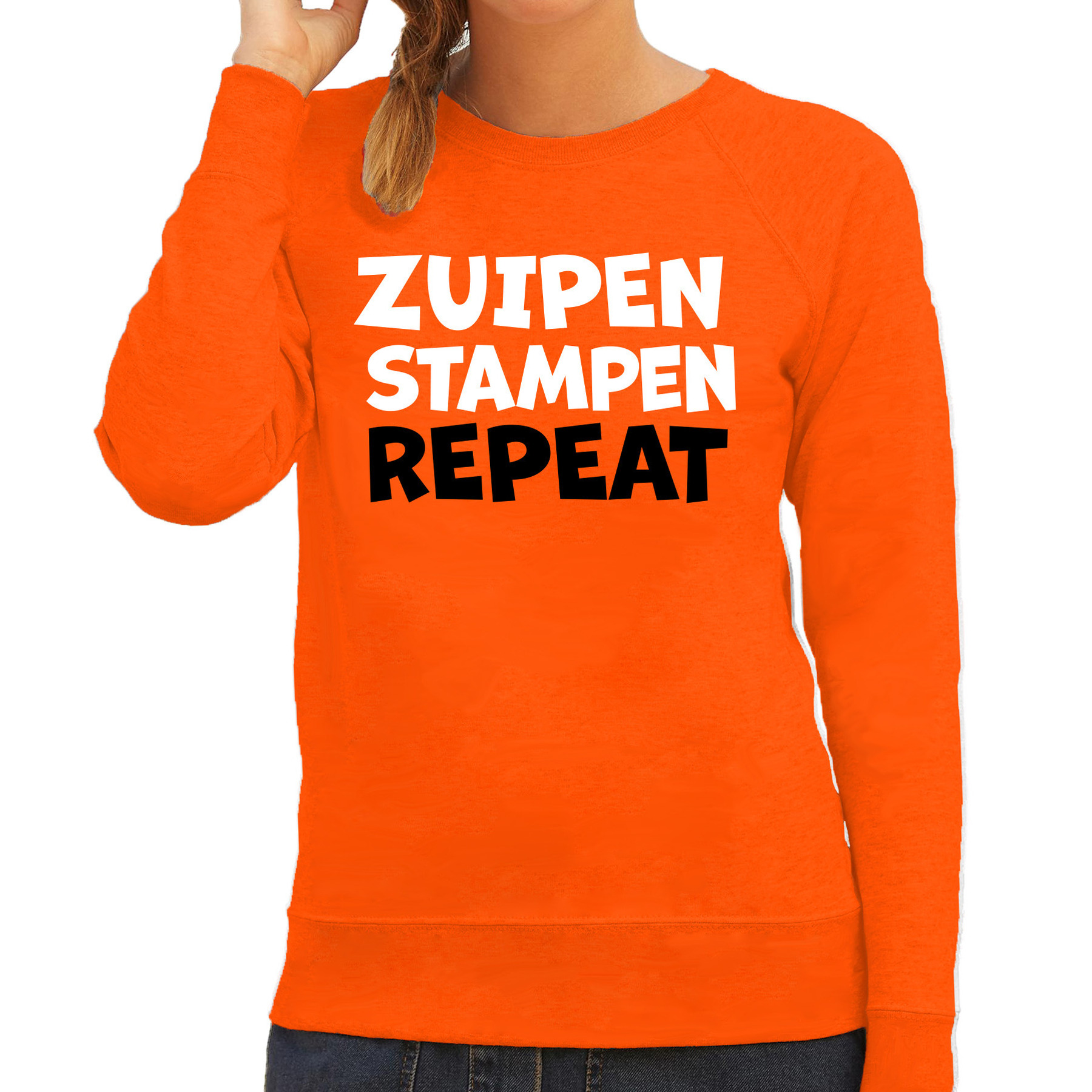 Koningsdag verkleed sweater - zuipen stampen repeat - oranje - dames