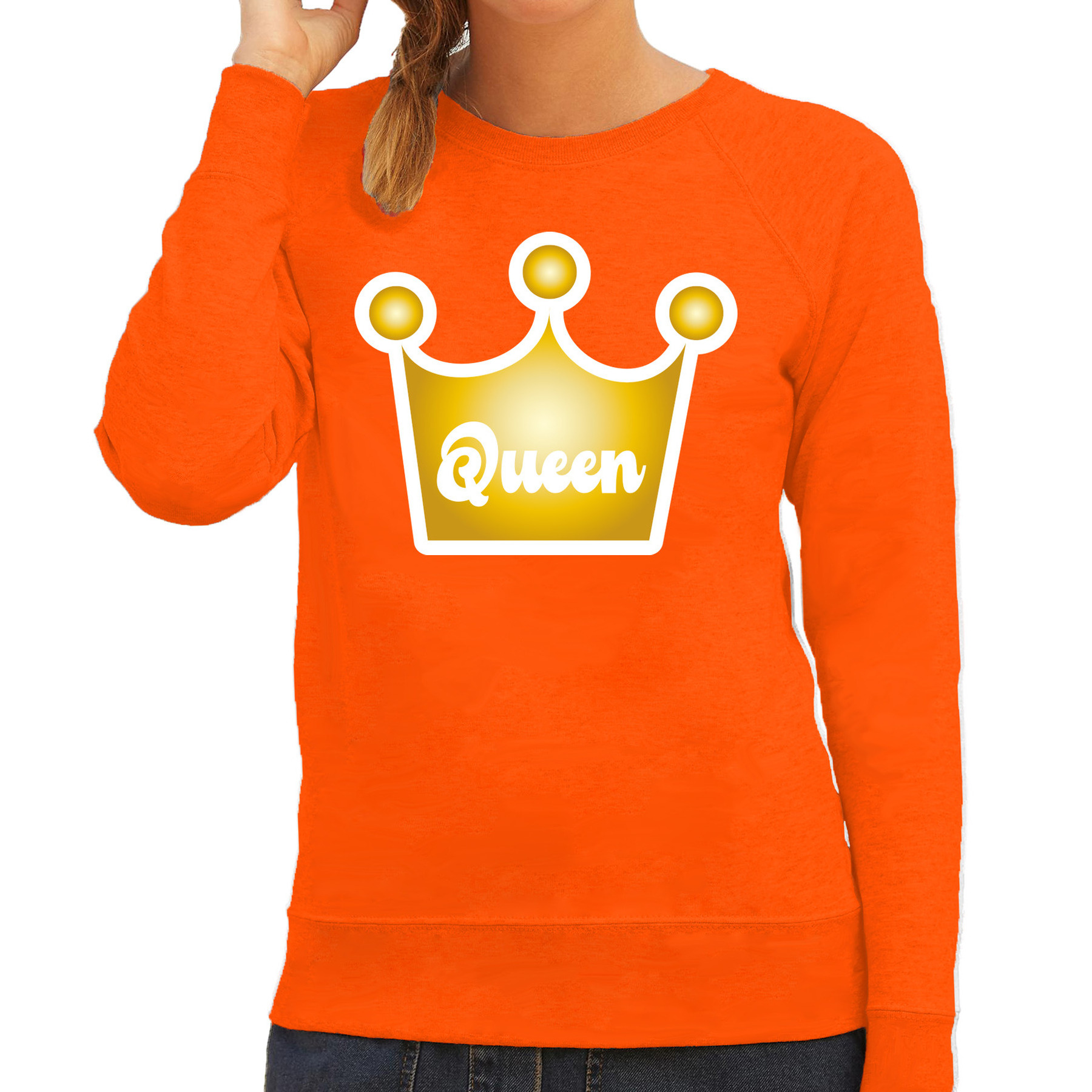 Koningsdag verkleed sweater kroon - Queen - oranje - dames