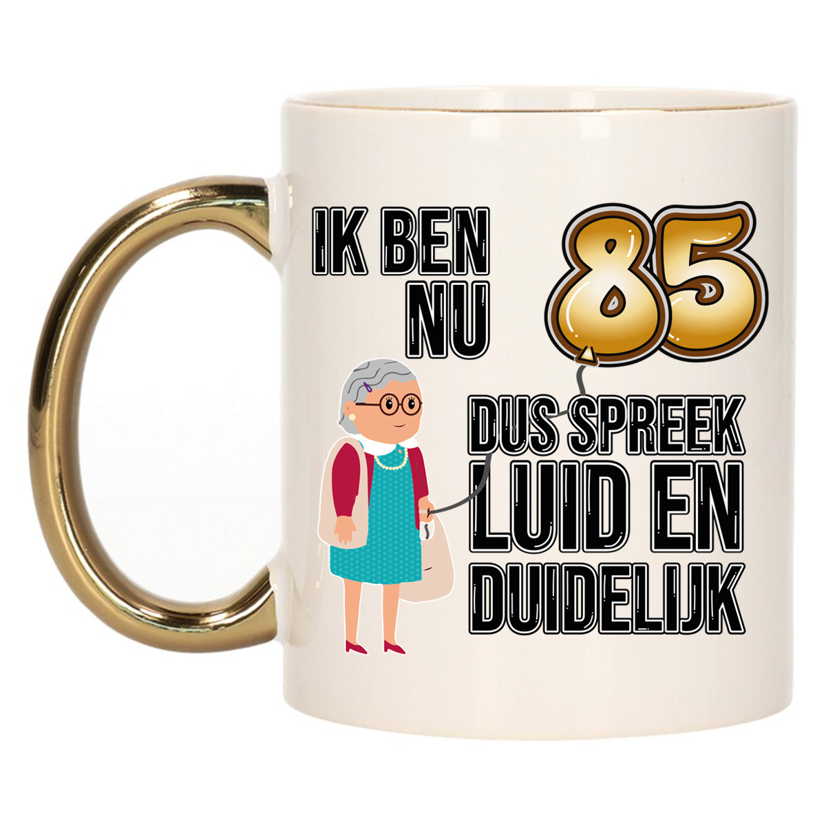 Verjaardag cadeau mok 85 jaar - luid en duidelijk oma - goud - 300 ml - Keramiek
