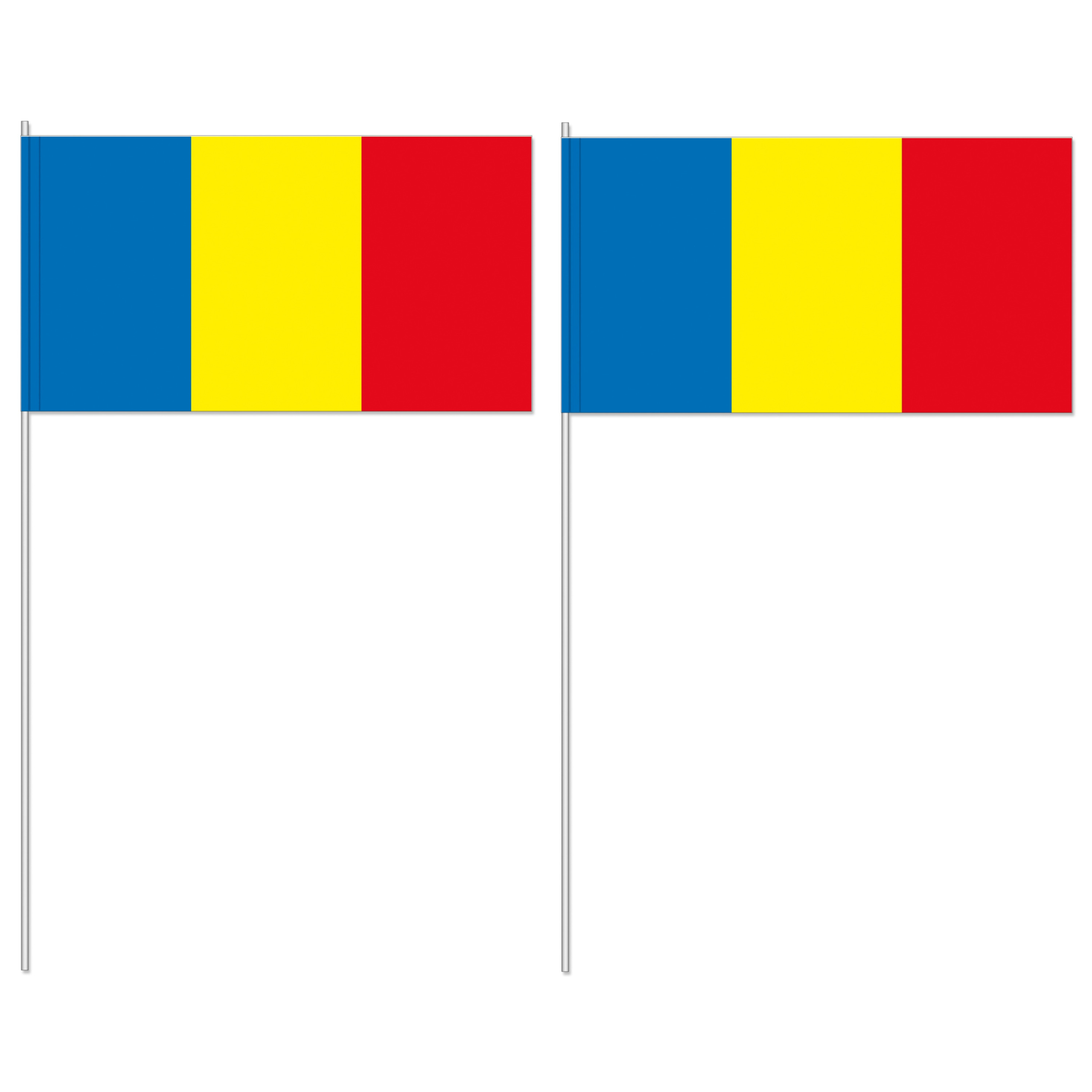 Zwaaivlaggetjes Roemenie - 50x - 12 x 24 cm - papier - landen versiering - supporters - stokje 40 cm