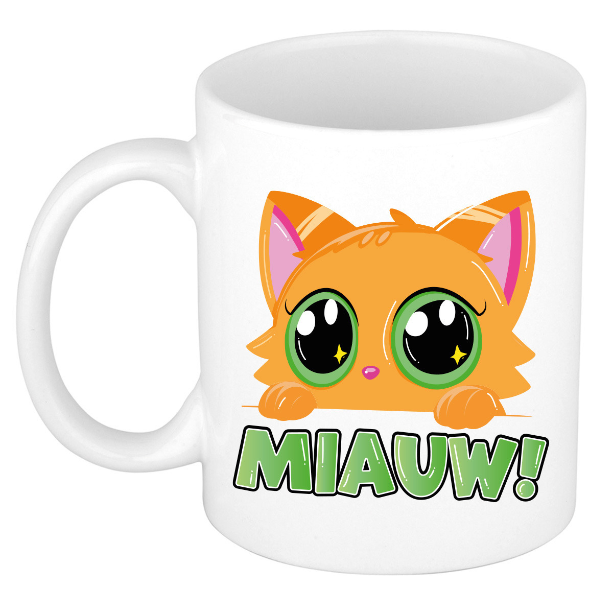 Cadeau koffie/thee mok - poes/kat - Miauw - groen - 300 ml - keramiek - katten mok