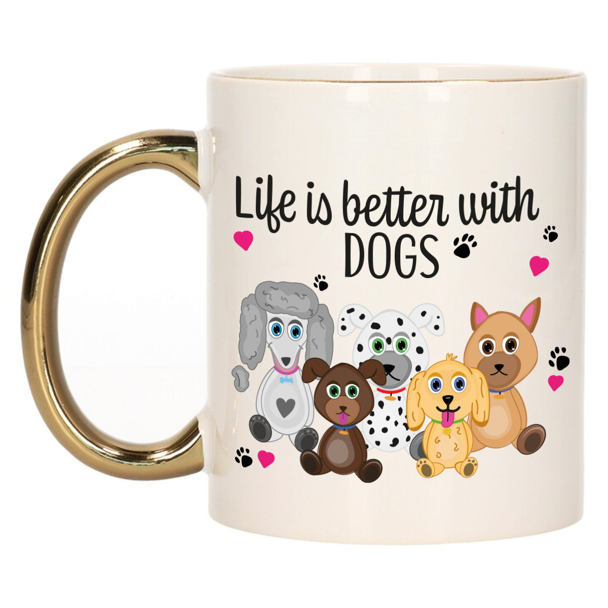Cadeau koffie/thee mok - life is better with dogs - gouden oor - honden