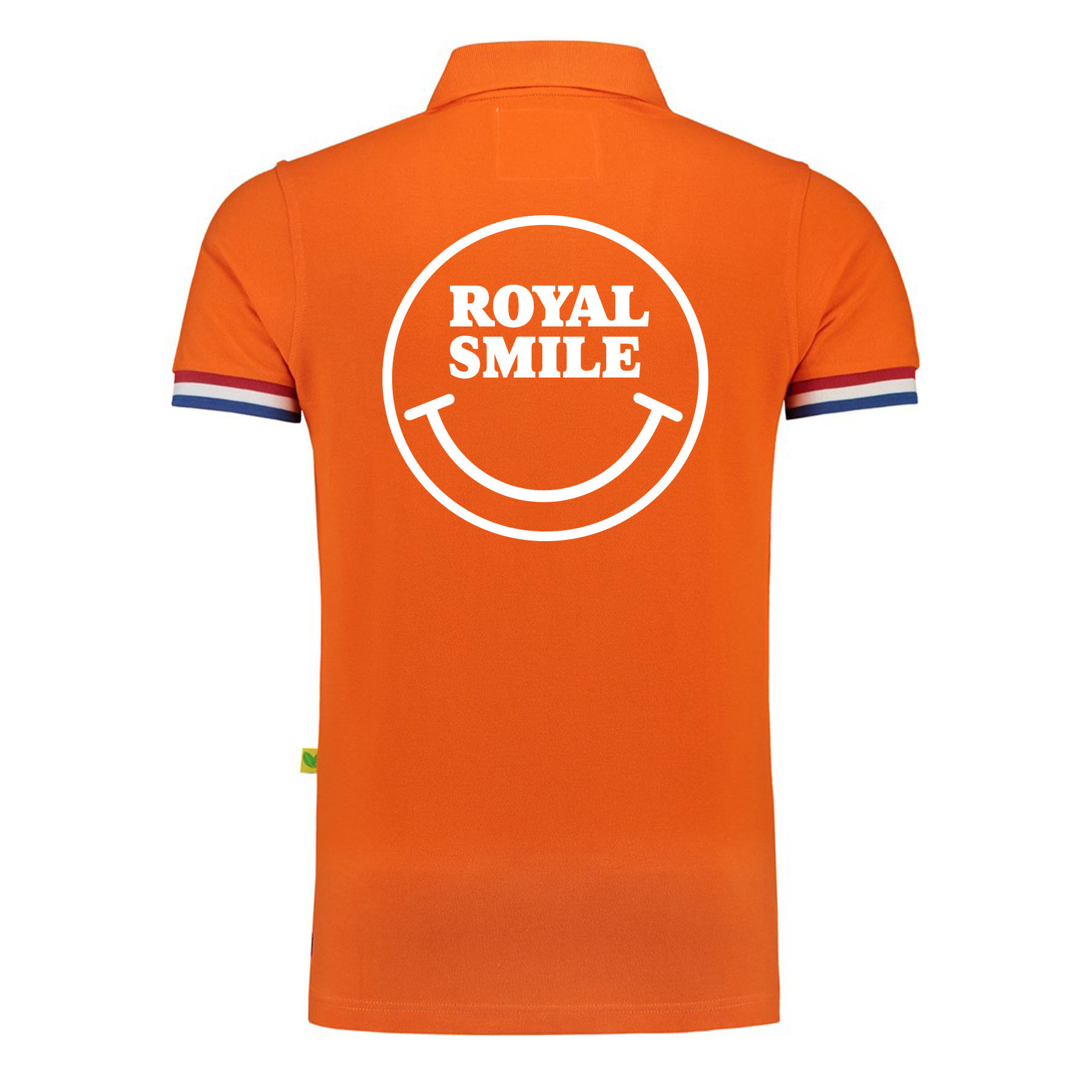 Koningsdag verkleed poloshirt heren - smiley - Royal smile - oranje - achterkant bedrukt