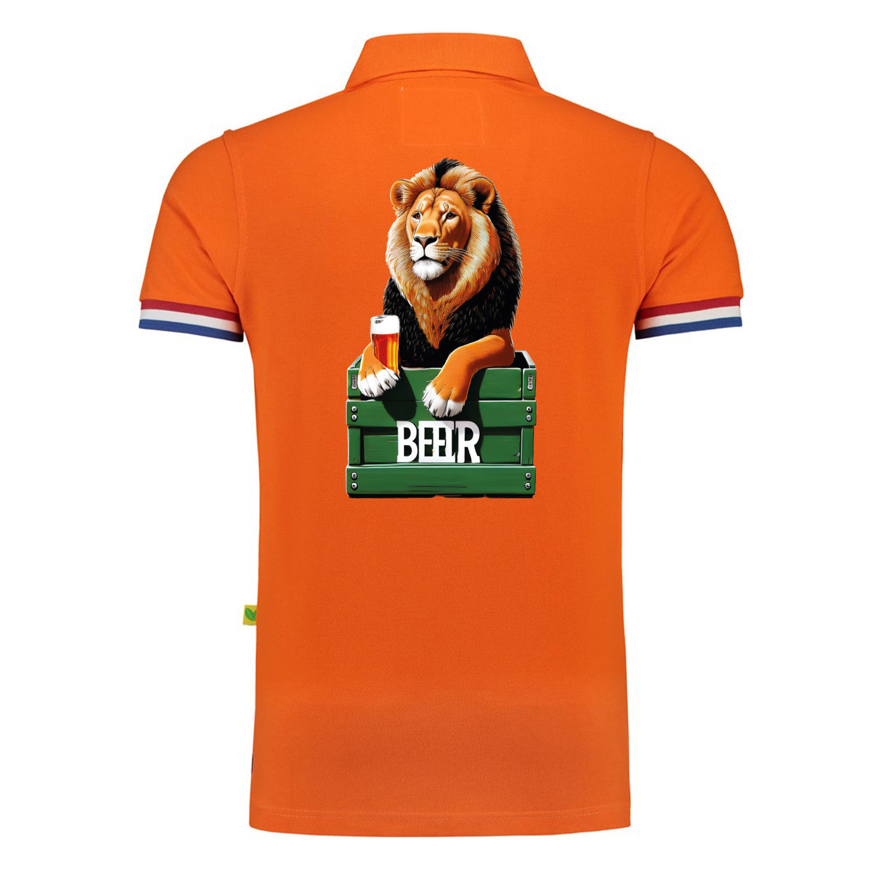 Koningsdag verkleed poloshirt heren - leeuw - bier - oranje - achterkant bedrukt