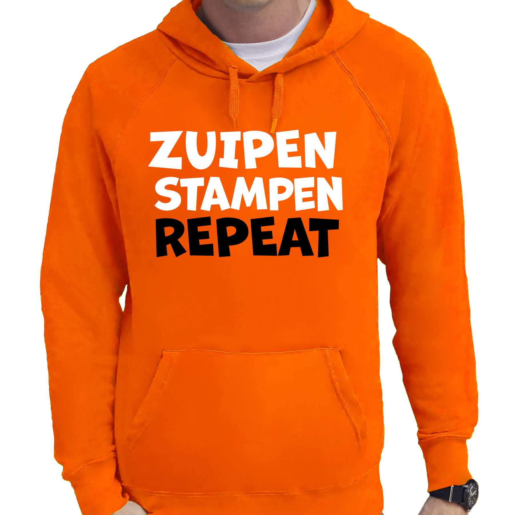 Koningsdag verkleed hoodie heren - zuipen stampen repeat - oranje