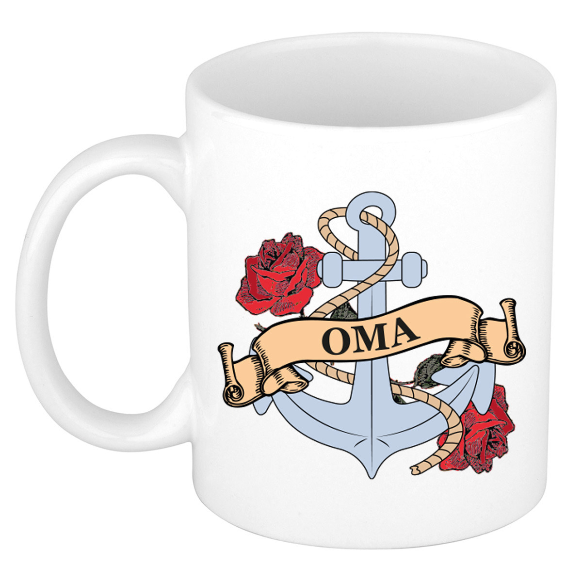 Cadeau koffie/thee mok voor oma - anker - rozen - wit - 300 ml - keramiek