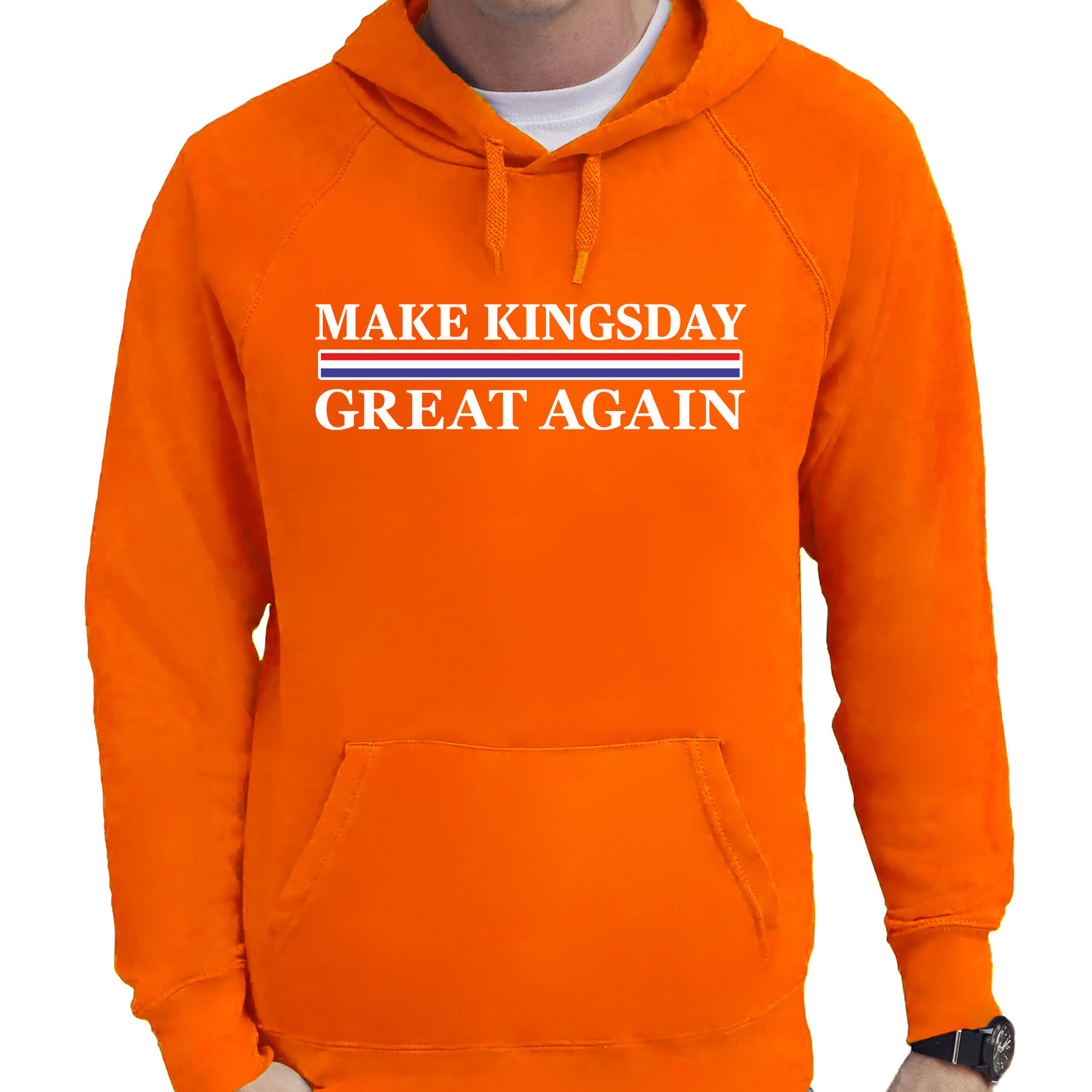Koningsdag verkleed hoodie heren - make kingsday great again - oranje