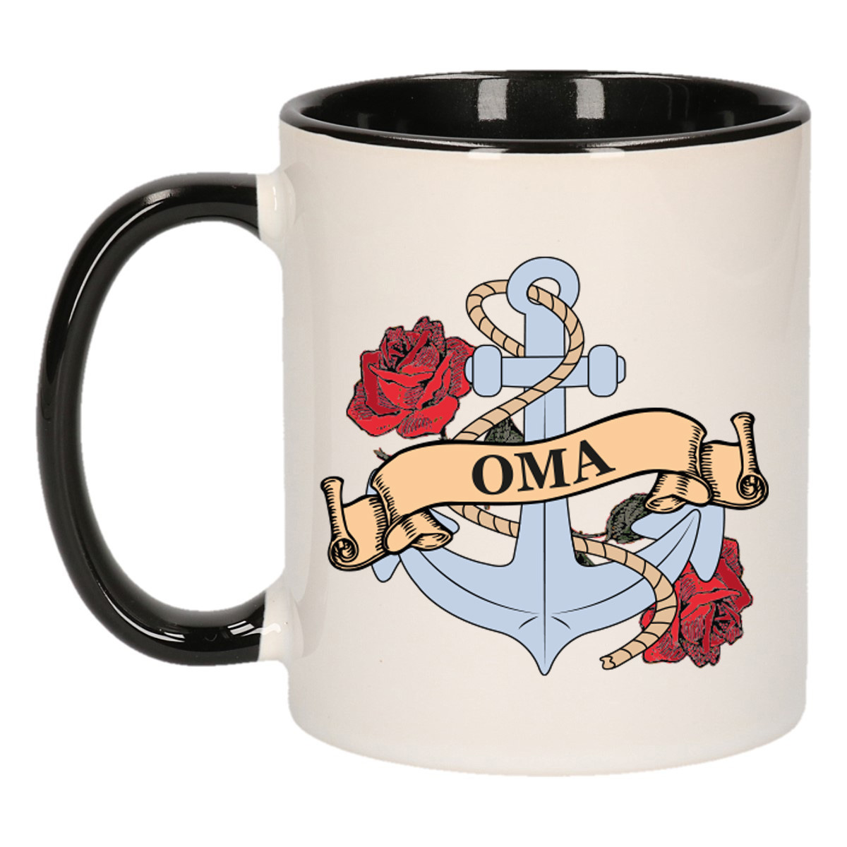 Cadeau koffie/thee mok voor oma - anker - rozen - zwart - 300 ml - keramiek