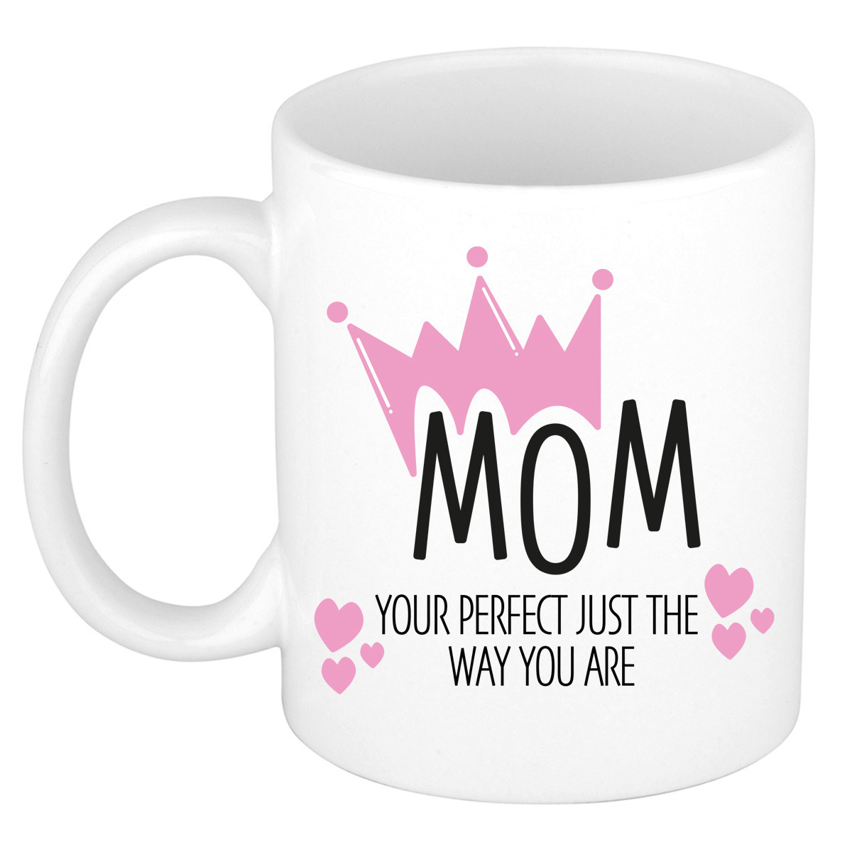Cadeau koffie/thee mok voor mama - kroon/hartjes - wit - 300 ml - keramiek - Moederdag