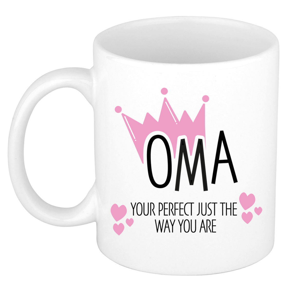 Cadeau koffie/thee mok voor oma - kroon/hartjes - wit - 300 ml - keramiek