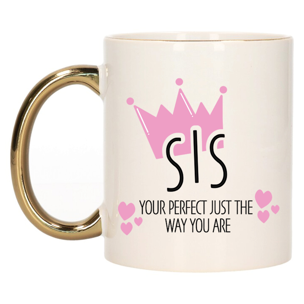 Cadeau koffie/thee mok voor zus - kroon/hartjes - goud - 300 ml - keramiek