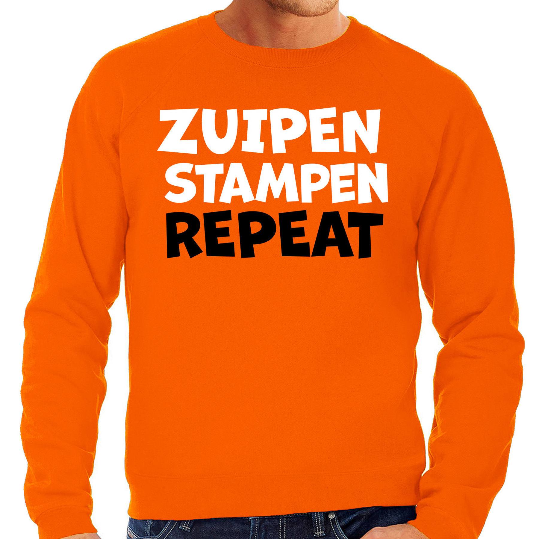 Koningsdag verkleed sweater heren - zuipen stampen repeat - oranje