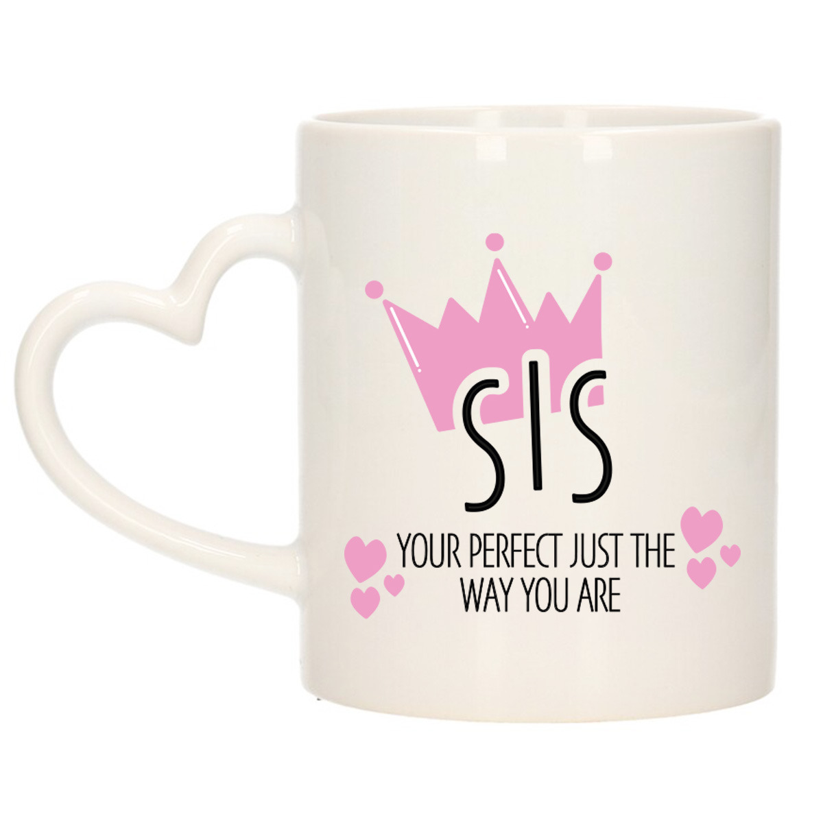 Cadeau koffie/thee mok voor zus - kroon/hartjes - roze - 300 ml - keramiek - Moederdag