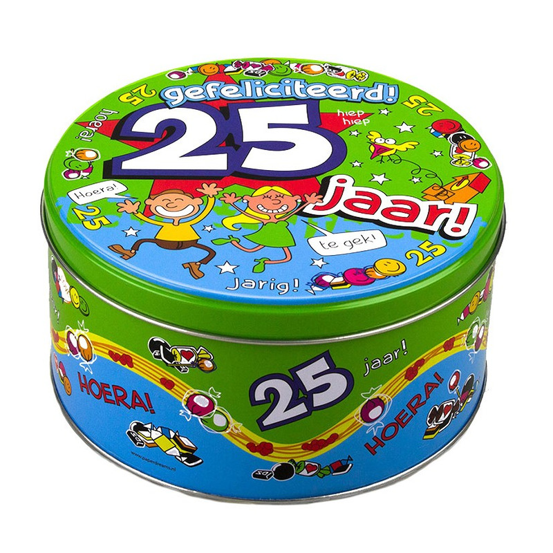 25 jaar snoeptrommel/bewaarblik met grappige tekst - 25e verjaardag - fun cadeau