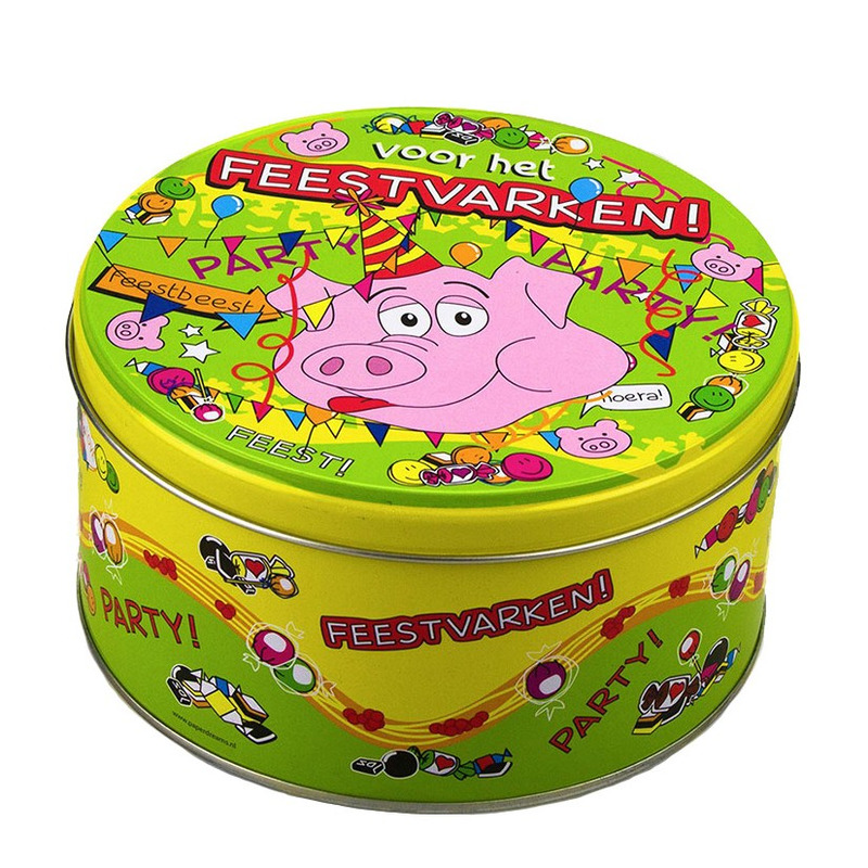 Feestvarken snoeptrommel/koektrommel met fun tekst - 14 x 7