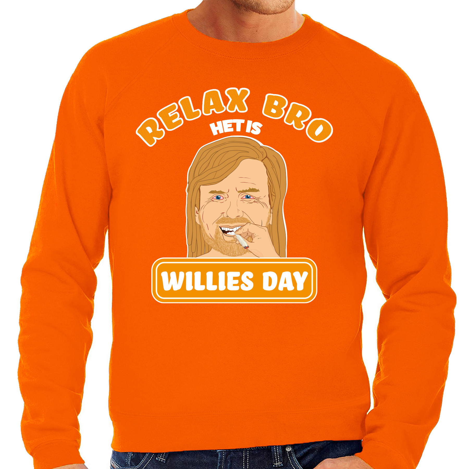 Koningsdag verkleed sweater heren - relax bro het is Willies day - oranje