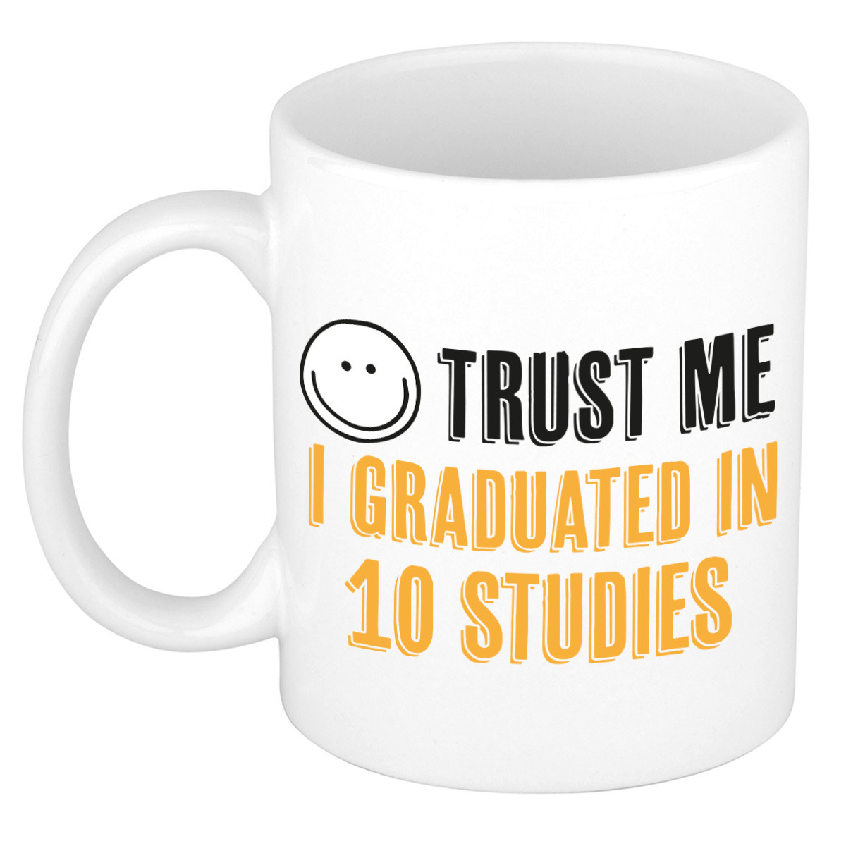 Cadeau koffie/thee mok - trust me I graduated in 10 studies - geel - keramiek - 300 ml