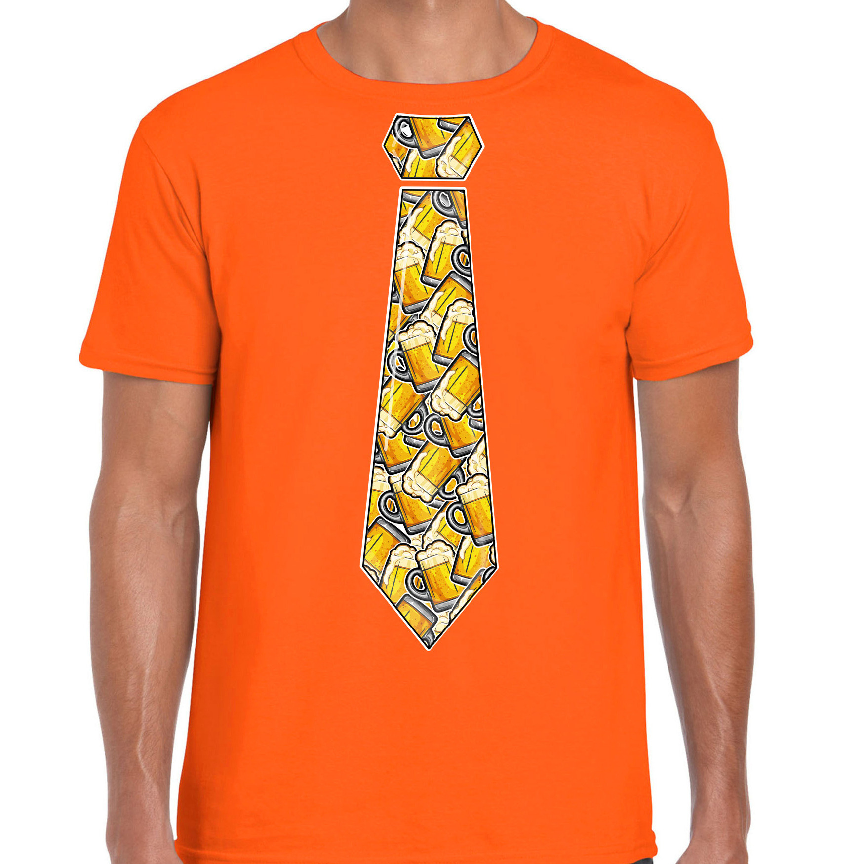 Koningsdag verkleed t-shirt heren - stropdas met bierglazen - oranje