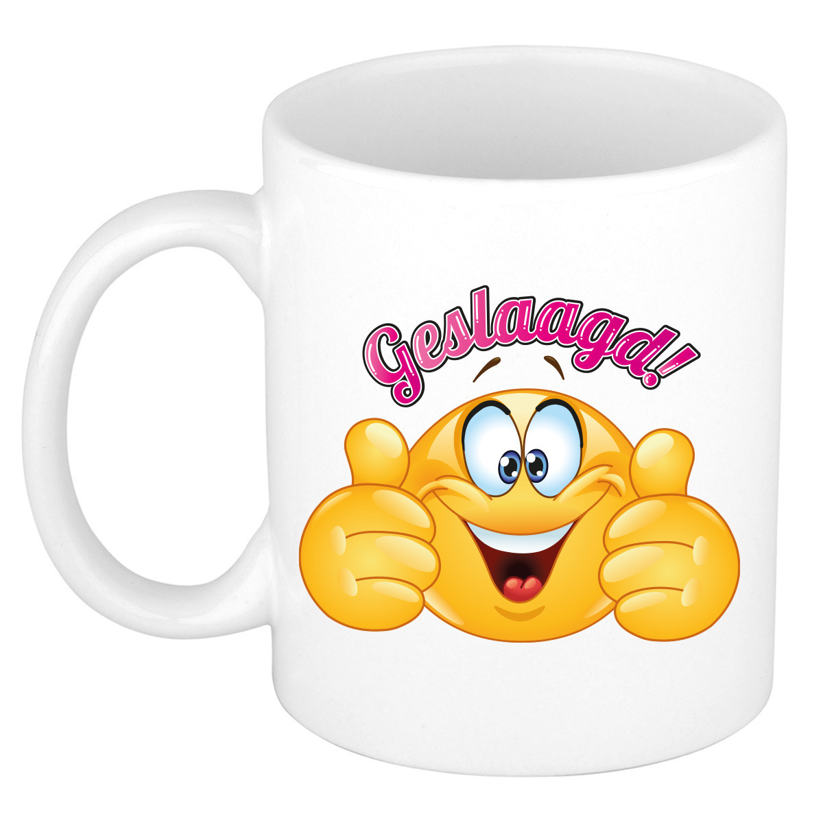 Cadeau koffie/thee mok - duim omhoog smiley - geslaagd - roze - 300 ml - keramiek