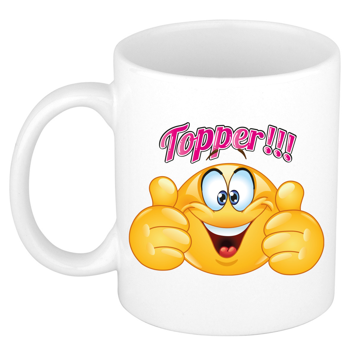 Cadeau koffie/thee mok - duim omhoog smiley - topper - roze - 300 ml - keramiek