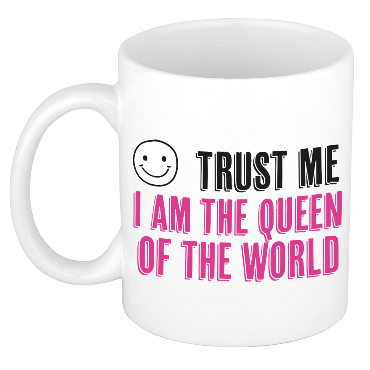 Cadeau koffie/thee mok - trust me Queen of the world - roze - keramiek - 300 ml