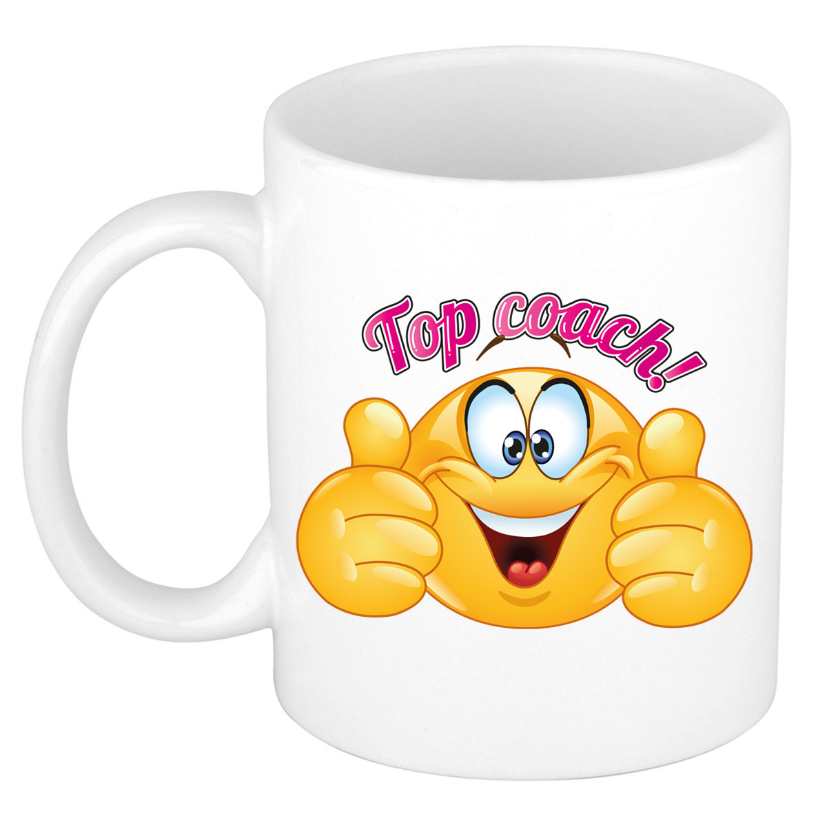 Cadeau koffie/thee mok - duim omhoog smiley - top coach/trainer - roze - 300 ml - keramiek