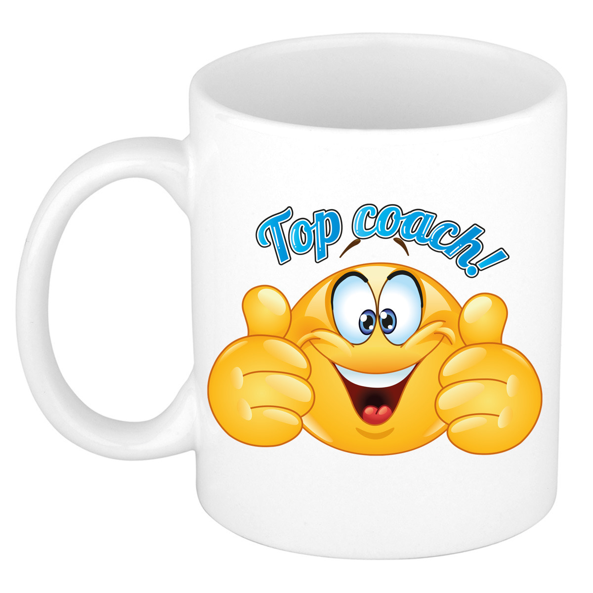 Cadeau koffie/thee mok - duim omhoog smiley - top coach/trainer - blauw - 300 ml