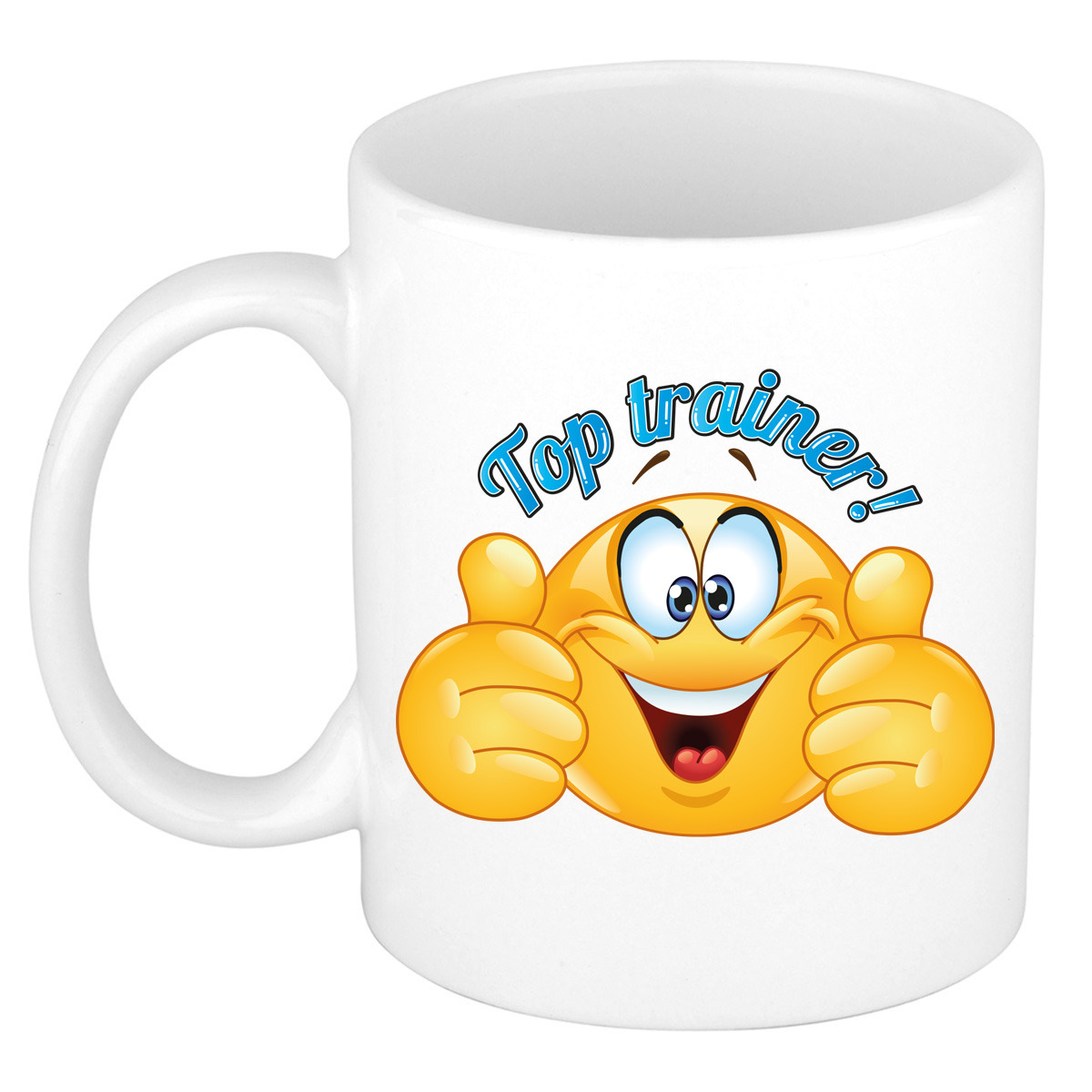 Cadeau koffie/thee mok - duim omhoog smiley - top trainer/coach - blauw - 300 ml - keramiek