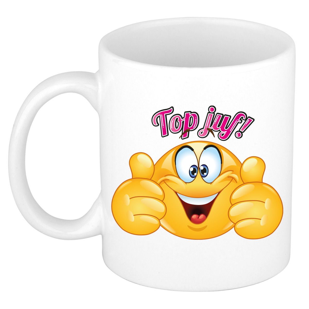 Cadeau koffie/thee mok - duim omhoog smiley - top juf - roze - 300 ml - keramiek