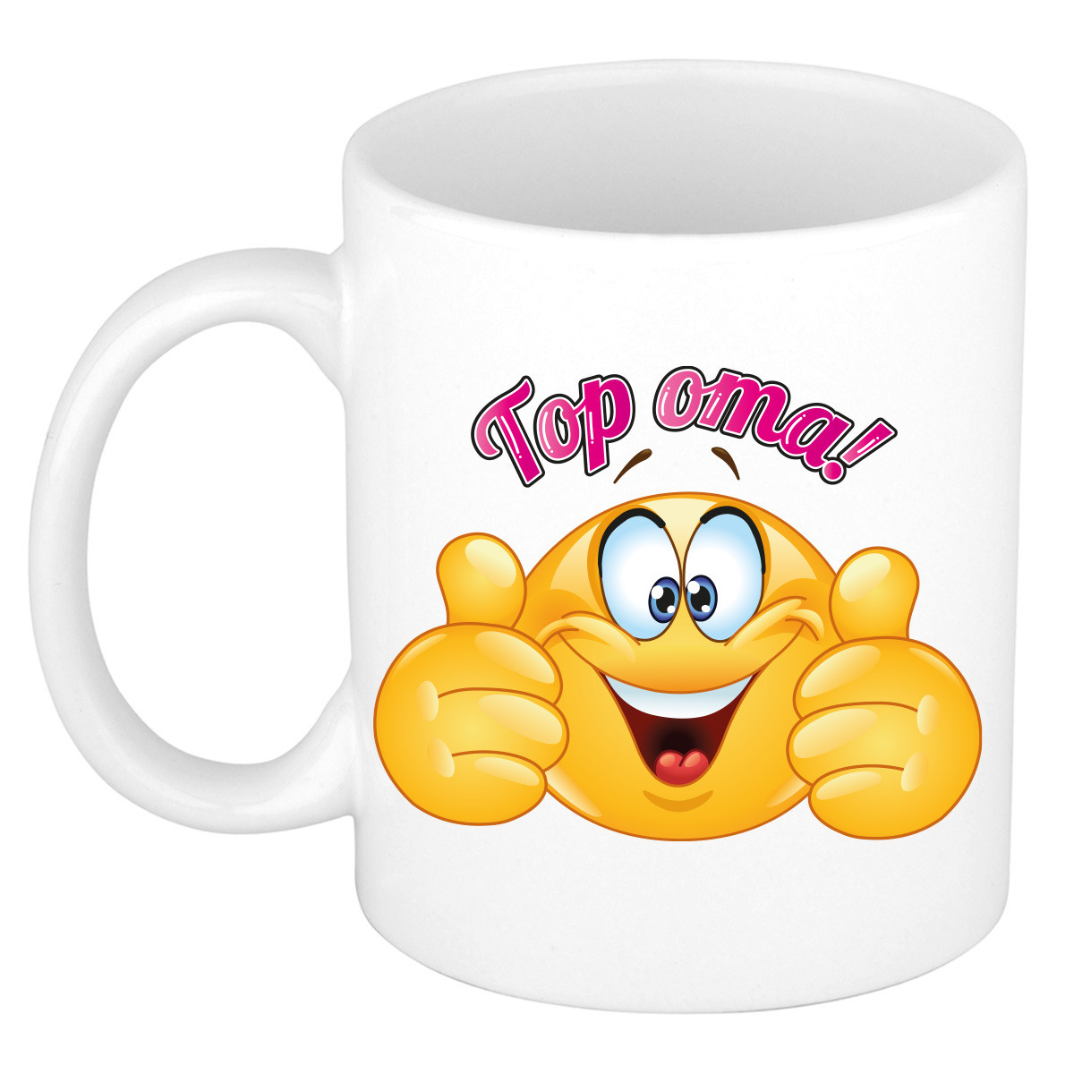 Cadeau koffie/thee mok - duim omhoog smiley - top oma - roze - 300 ml - keramiek