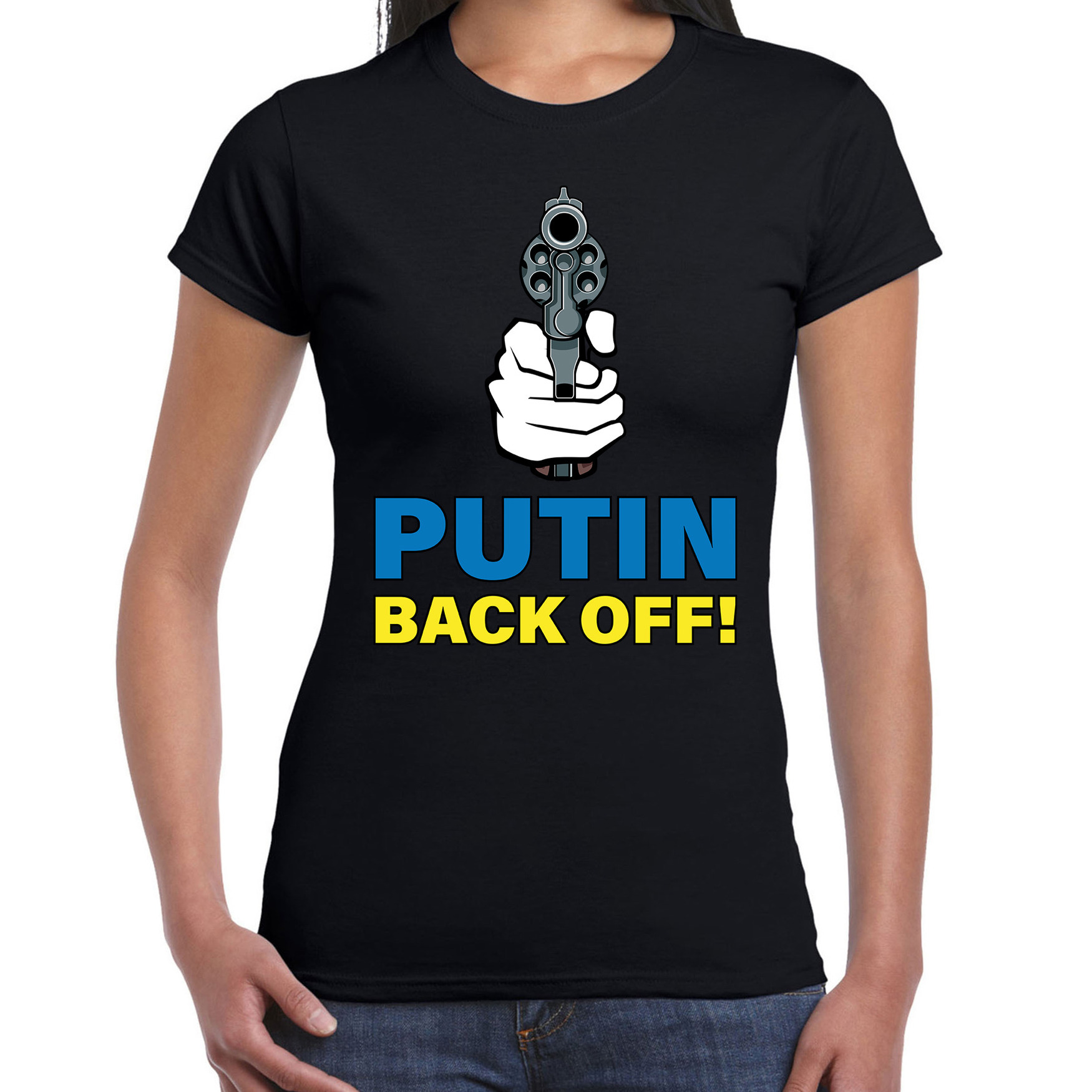 Putin back off / pistool t-shirt zwart dames - Oekraine shirt met Oekraiense vlag in letters