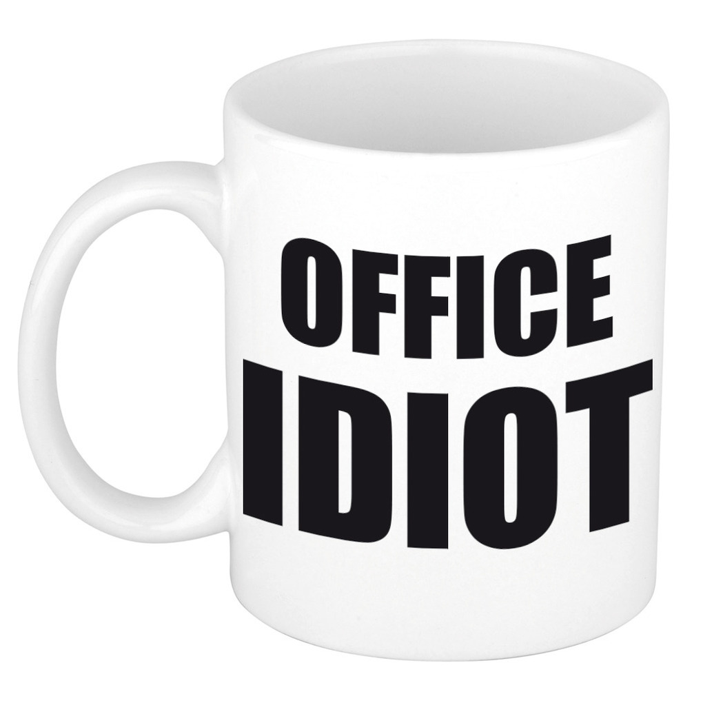Office idiot koffiemok - theebeker in zwarte blokletters - 300 ml - kantoorhumor