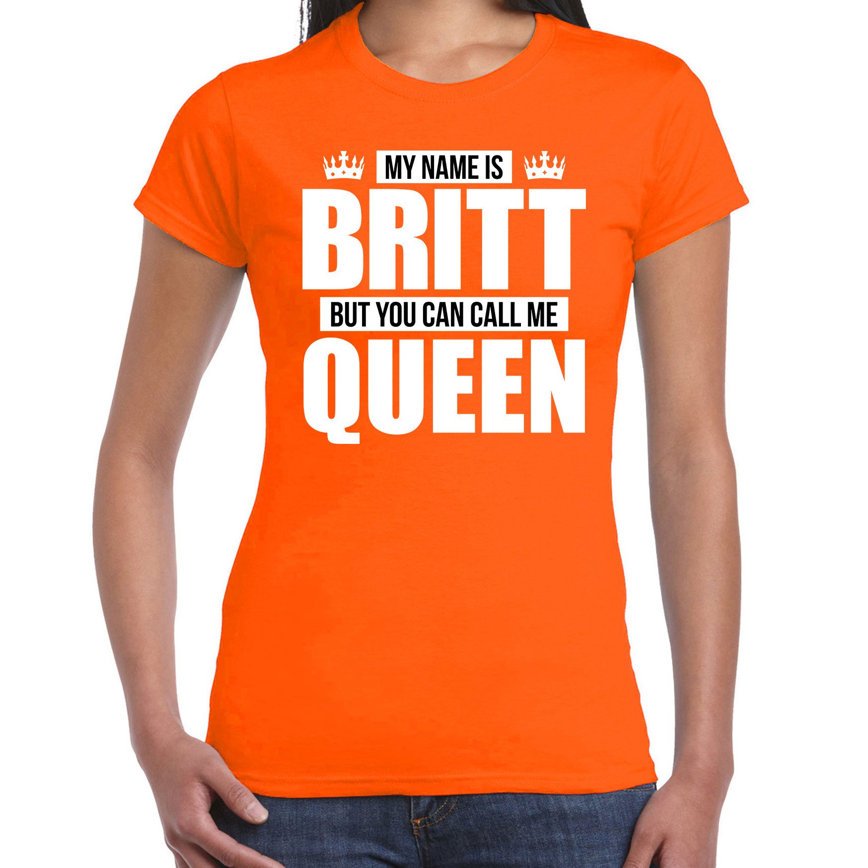 Naam cadeau t-shirt my name is Britt - but you can call me Queen oranje voor dames