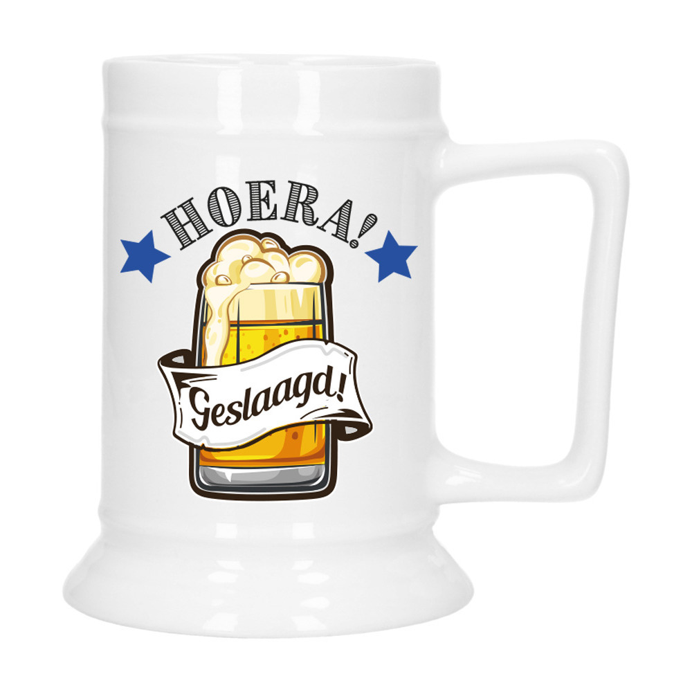 Geslaagd Cadeau Bierpul - blauw - hoera! geslaagd! - keramiek - 530 ml